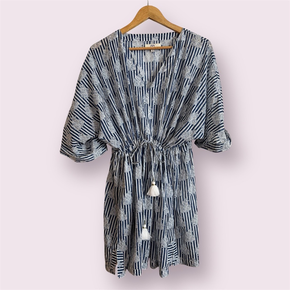 Mini Dress with tassel tie waist in Ocean and Dark Blue